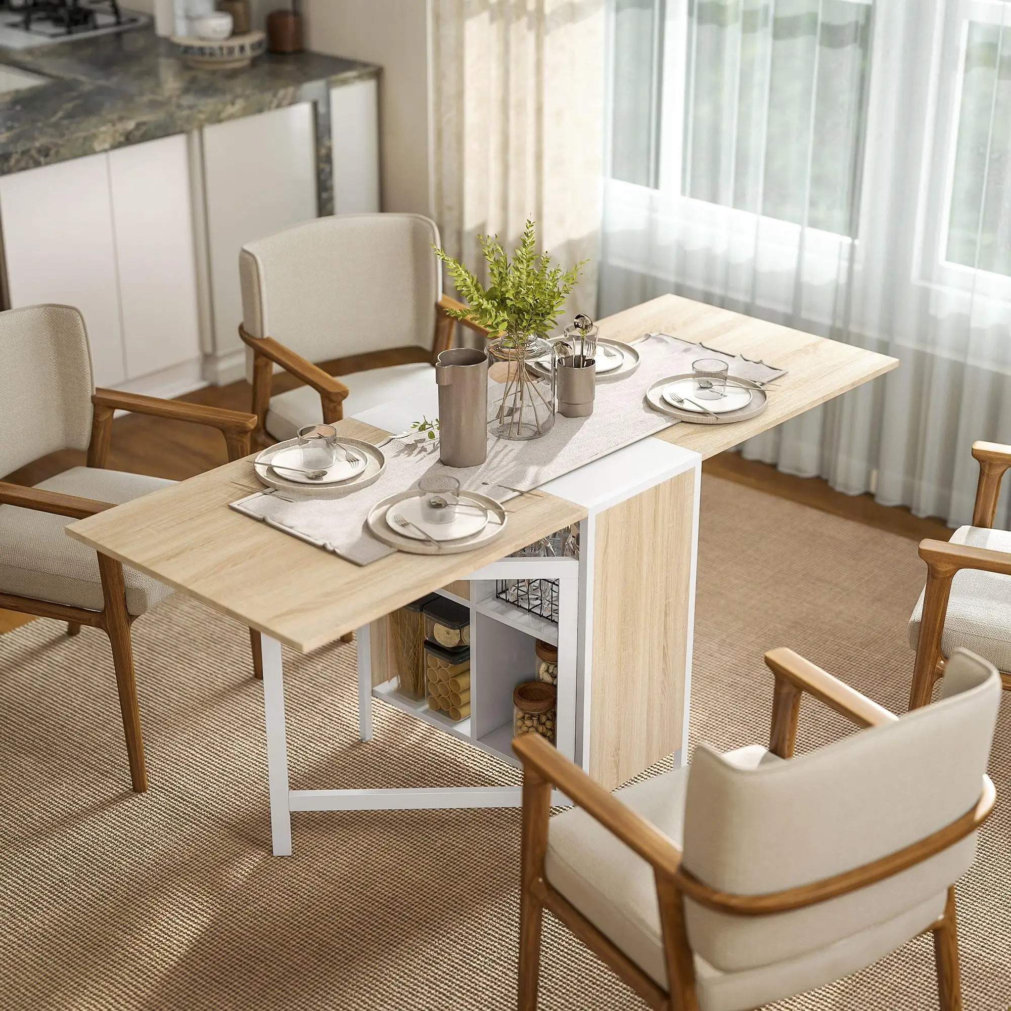 Klappbarer Küchen‑Esstisch für 4 Personen, 4 integrierte Fächer, für kleine Räume, ausgeklappt 169 x 62 x 75 cm, MDF helles Eichendekor, weißer Stahl