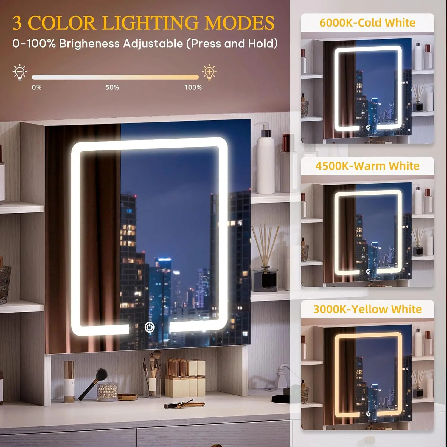 مكتب فانيتي مع مرآة وأضواء LED ومنافذ طاقة، ومجموعة طاولة مكياج مع 3 أوضاع إضاءة قابلة للتعديل، وأرفف مفتوحة