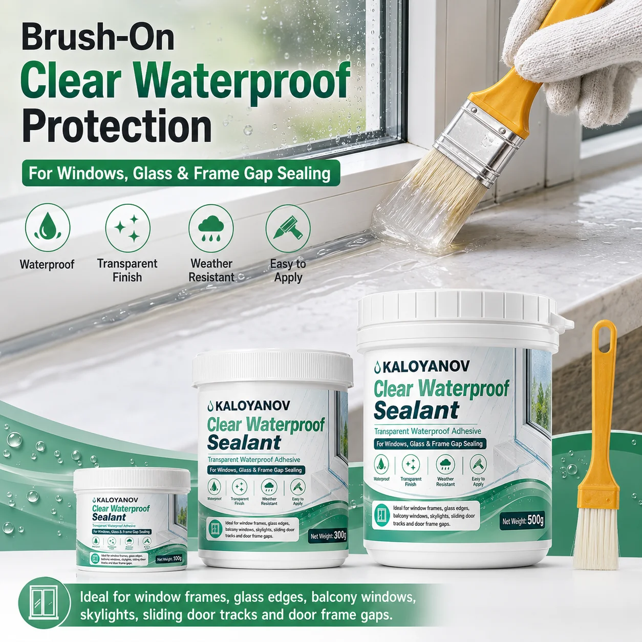 1000g Clear Waterproof Sealant with Brush for Windows, Glass & Door Frames,Weatherproof Flexible Gap Repair for Balcony Skylight