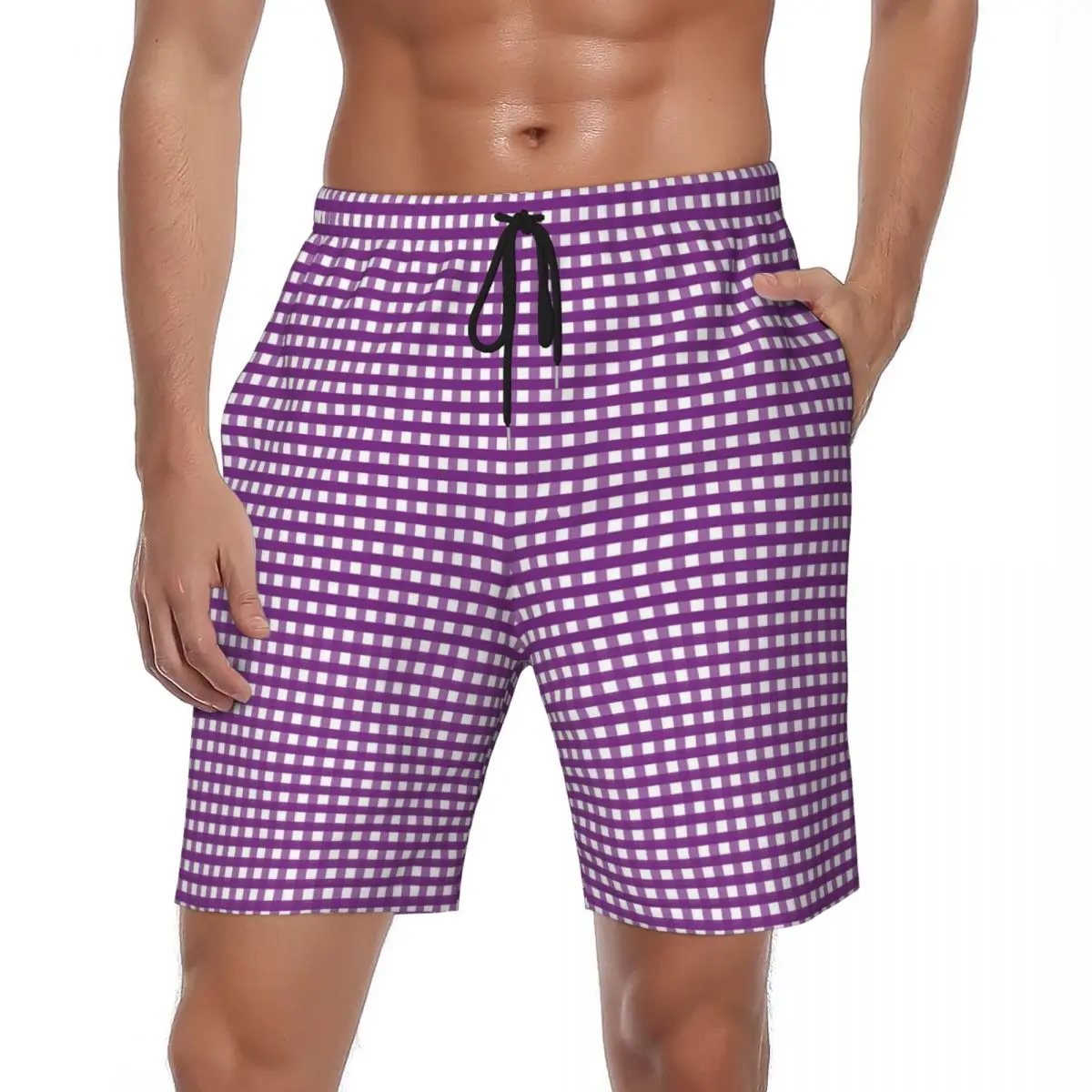 Bathing Suit Purple Gingham Board Shorts Summer Checked Print Vintage Board Short Pants Men  Running Quick Dry Beach Trunks