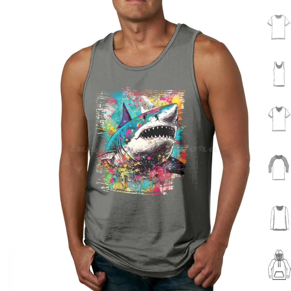 Funny Great White Shark Aesthetic Summer Art Splatter Dripping Ink Graffiti Spray Art 90s Tank Tops Print Cotton Graffiti