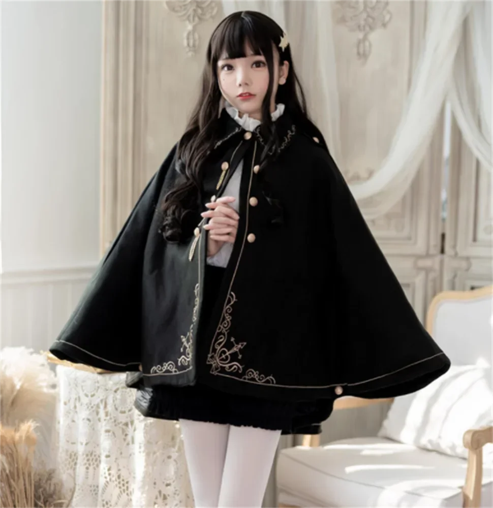 

Japanese Harajuku Kawaii Girl Autumn Winter Dark Lolita Cloak Collar Batwing Sleeve Gothic Lolita Coat Retro Victorian Loli