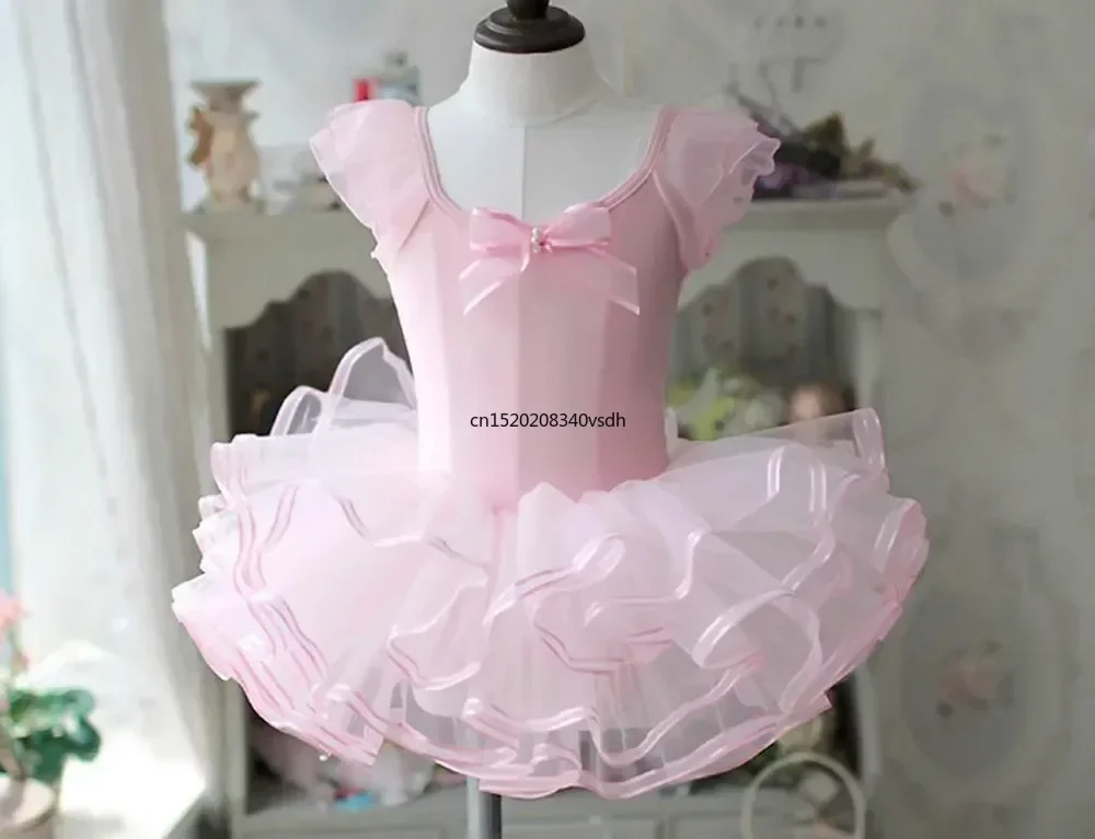 Long Sleeve Children Gymnastics Leotard For Girls Lace Bow-knot Ballet Tutu Dance Dress Pink Ballet Dance Costumes For Kids