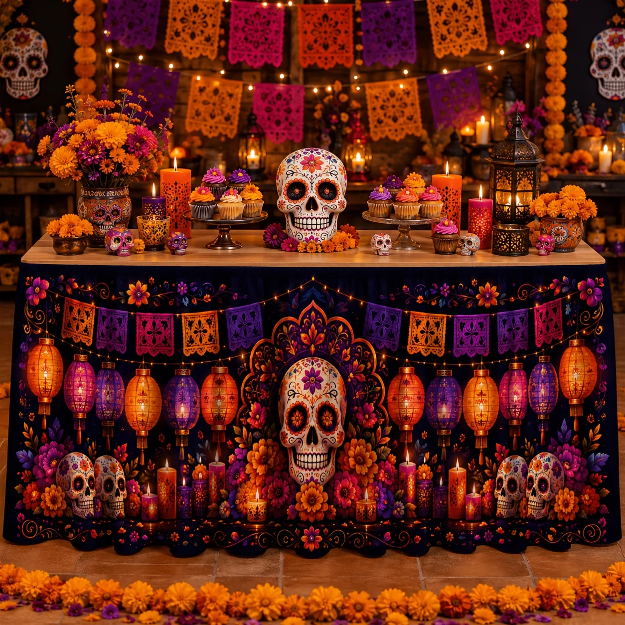 One table skirt, sugar skulls for the Day of the Dead, marigold-colored lanterns, and candles.xzj