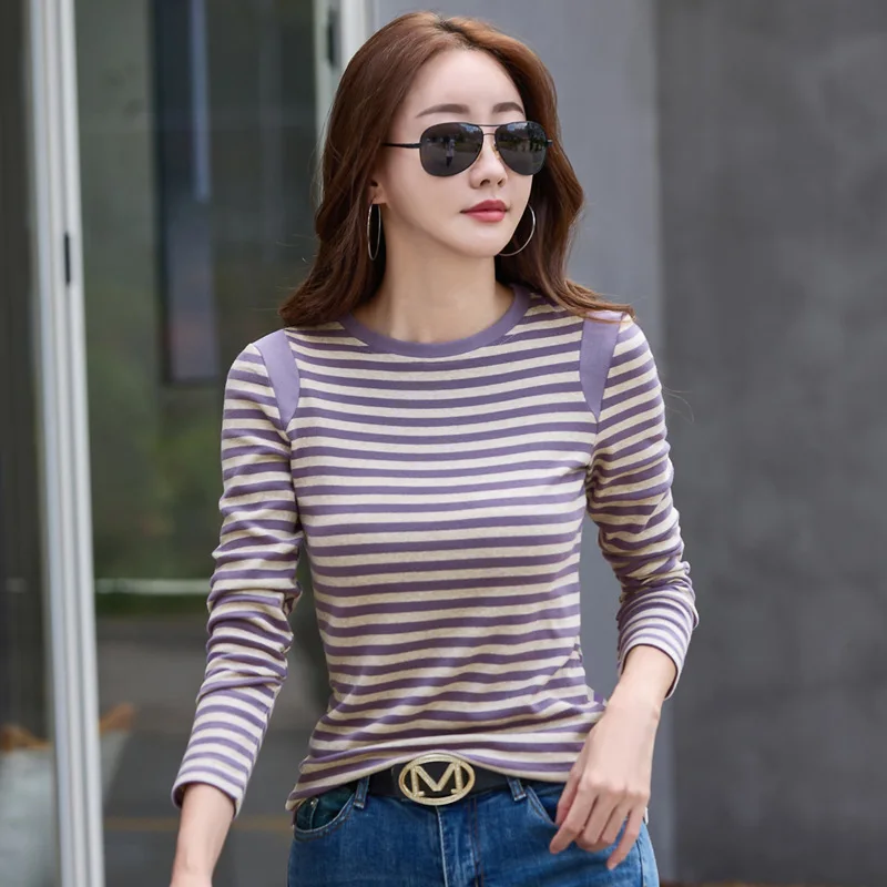 New Women\'s Ladies Long-sleeved Striped T-shirt Spring and Autumn Women\'s Bottoming Shirt Elastic Slim Casual Women\'s T-shirt