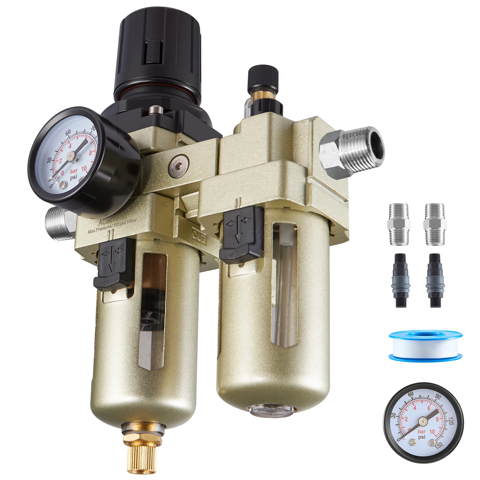 SucceBuy Air Compressor Filter Regulator Lubricator 3/8 1/2 inch  NPT Air Compressor Water Separator 145PSI Max Working Pressure