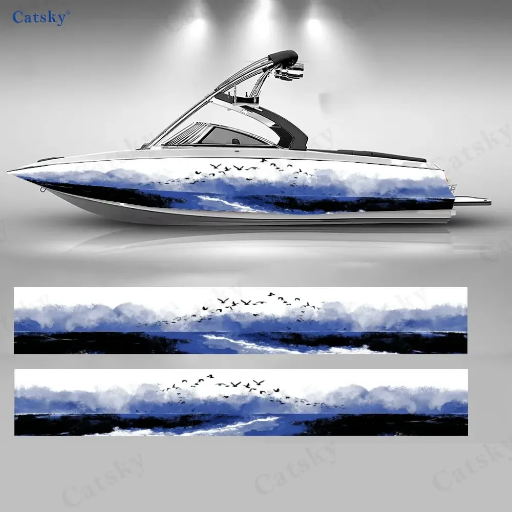 Blue Ink Wash Beach & Birds Boat Sticker, PVC Waterproof Durable Vinyl Wrap Decals for Fishing Boats, Durable and Stylish Design