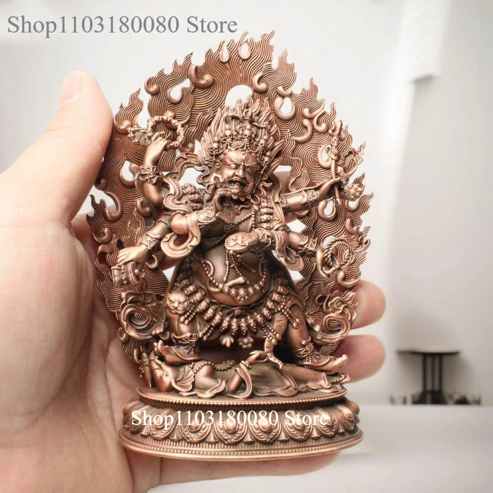 12cm Red copper Carving Six-arm Mahakala buddha statue Nepal Tibet God of wealth sculpture