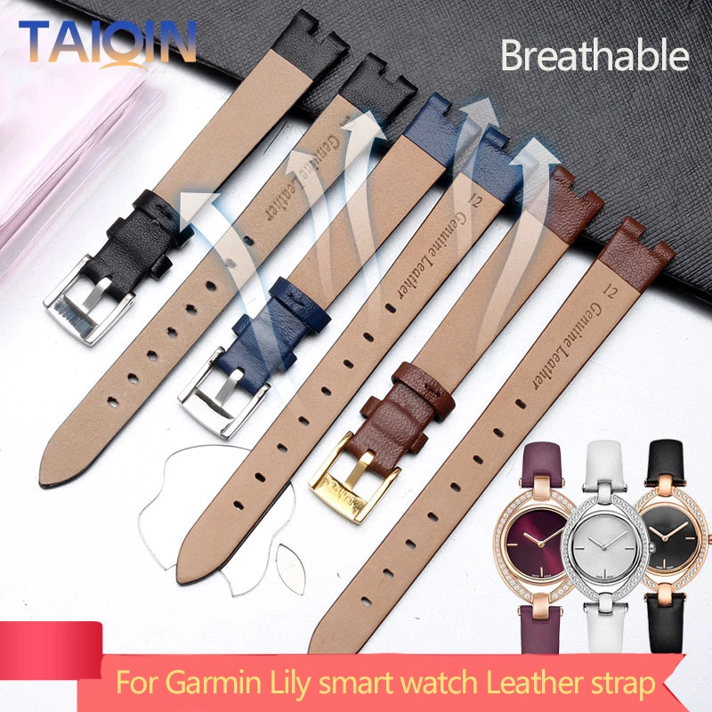 14mm Genuine Leather Watchband For Garmin Lily Smart Watch Band Female Strap Silicone and Stainless Steel Belt Sports Bracelet