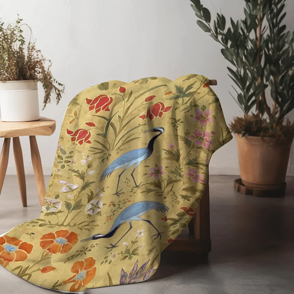 خمر النمط الصيني كرين الأزهار طباعة الصوف بطانية لينة الدافئة رمي غطاء أريكة تتحول لسرير هدية