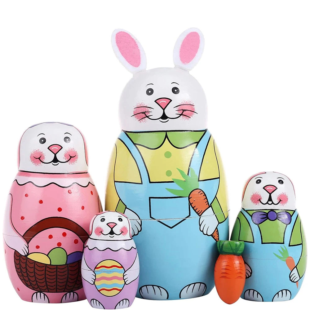 

One Set Of Easter Russian Wooden Cartoon Bunny Dolls Hand-painted Crafts Holiday Party Supplies Small Ornaments Children's Gifts