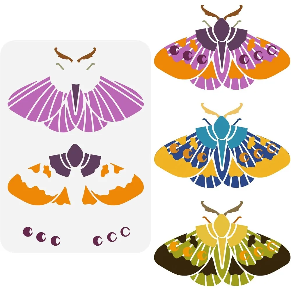 Layered Moth Stencil 8.3x11.7inch Plastic PET Painting Stencil Moth Drawing Template Moon Phase Stencil Animal Theme making kit