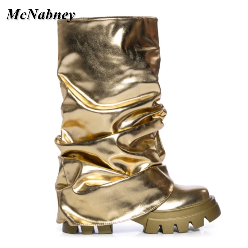 

2023 Winter Gold Round Toe Pleat Platform Slip-On Boots Fashion Silver Height Increasing Combat Ankle Boot Plus Size Women Shoes