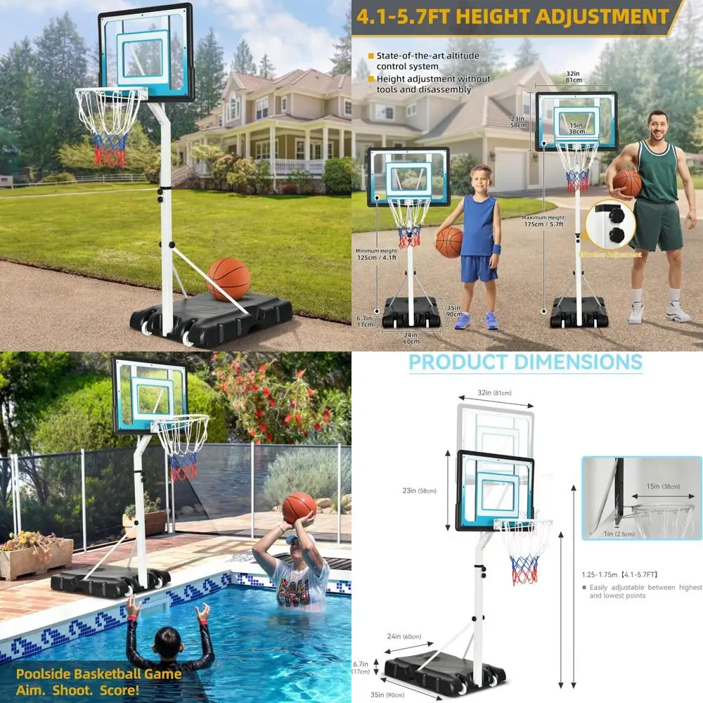 Tragbares, verstellbares Basketballkorbsystem, 4,1 bis 5,7 Fuß, ideal für den Einsatz am Pool, geeignet für verschiedene Alters und Fertigstufen