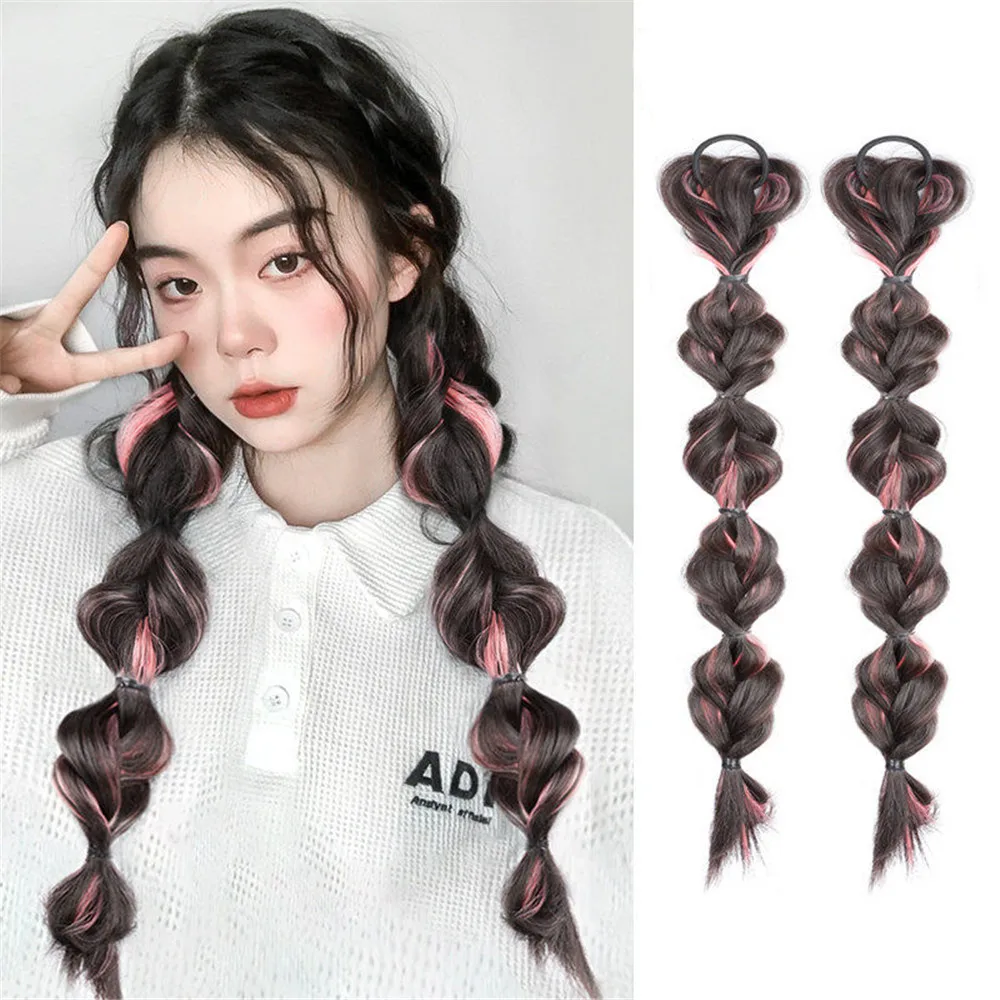 Wig kuncir ekor kuda sintetis kelompok perempuan Korea gaya sama kepang rambut poni lucu manis keren kepangan adonan goreng meningkatkan Volume rambut