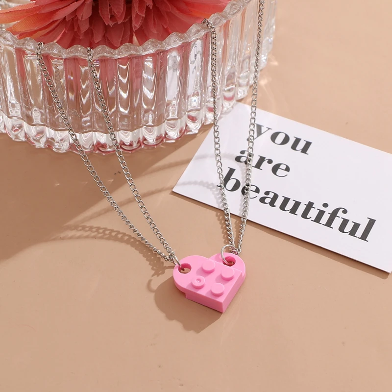 OMY Punk 2Pcs Heart Brick Couples Love Necklace For Lovers Women Men Lego Elements Friends Necklaces Valentines Gift Jewelry
