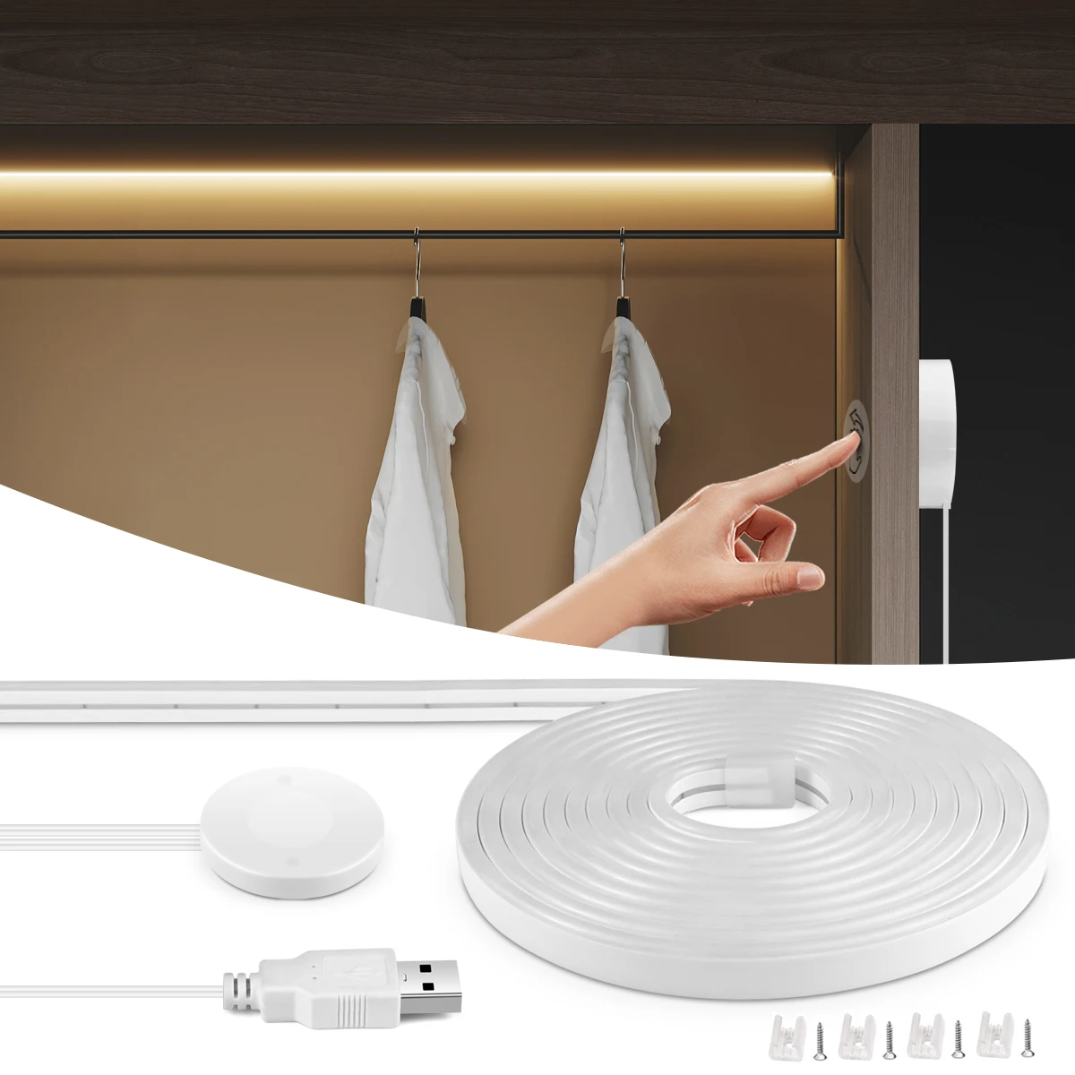 كوب USB شريط نيون LED تحت الخزانة ، شريط ليلي ، خشب قابل للاختراق ، مسح يدوي ، مفتاح مستشعر لمس ، عاكس ، 5 فولت