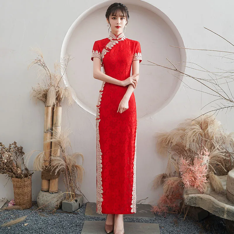 

Red Lace Long Improved New 2025 Young Women's Retro Ele High End ow Dr Polyester Fiber ort Sve Floral...