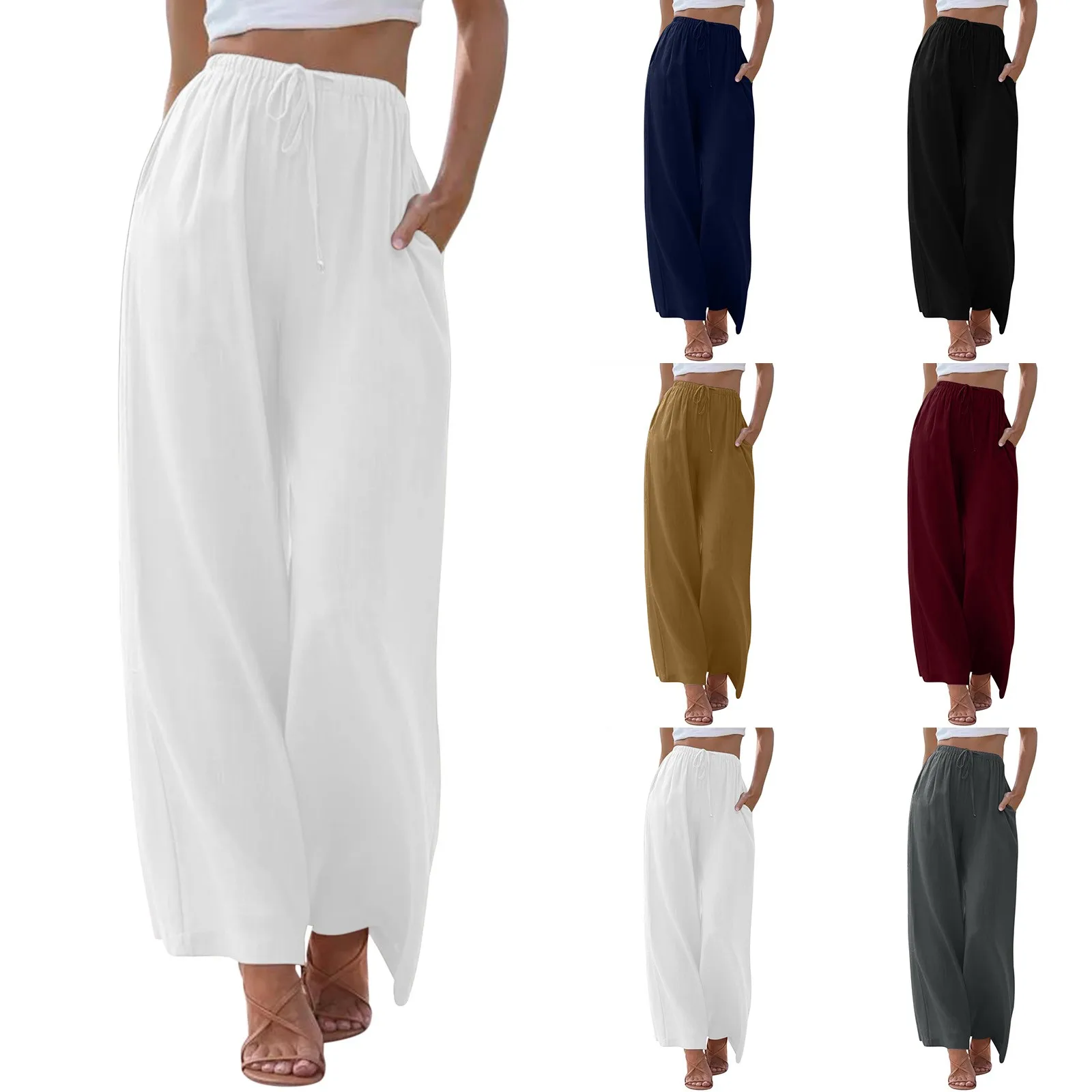 Women High Waisted Wide Leg Pants Fashion Drawstring Elastic Trousers Comfy Straight Trousers Beach Party Casual Palazzo Pants