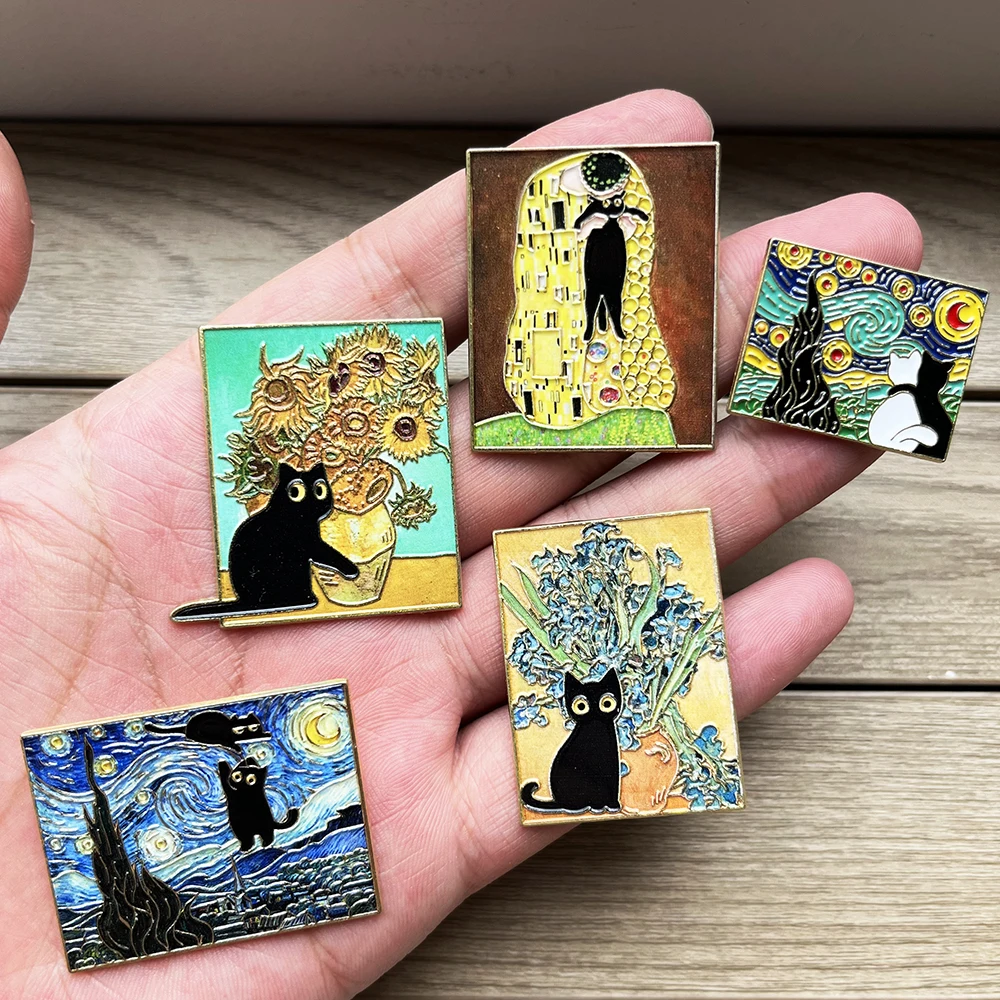 5pcs Famous Painting Black Cat Enamel Pins Set Aesthetic Vintage Sunflower Art Brooches Badge Pins for Backpack fans Collectible view 4
