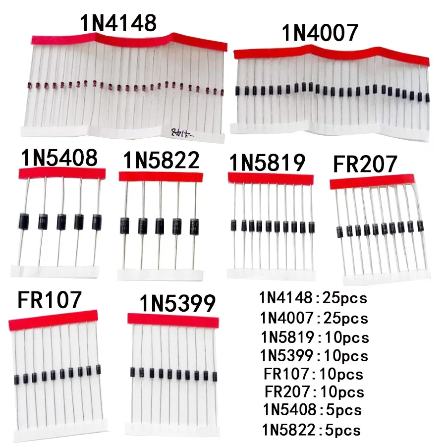 100pcs/lot Rectifier Diode Set 1N4148 1N4007 1N5819 1N5399 1N5408 1N5822 FR107 FR207 Fast Switching Schottky Diode Resistor Kit