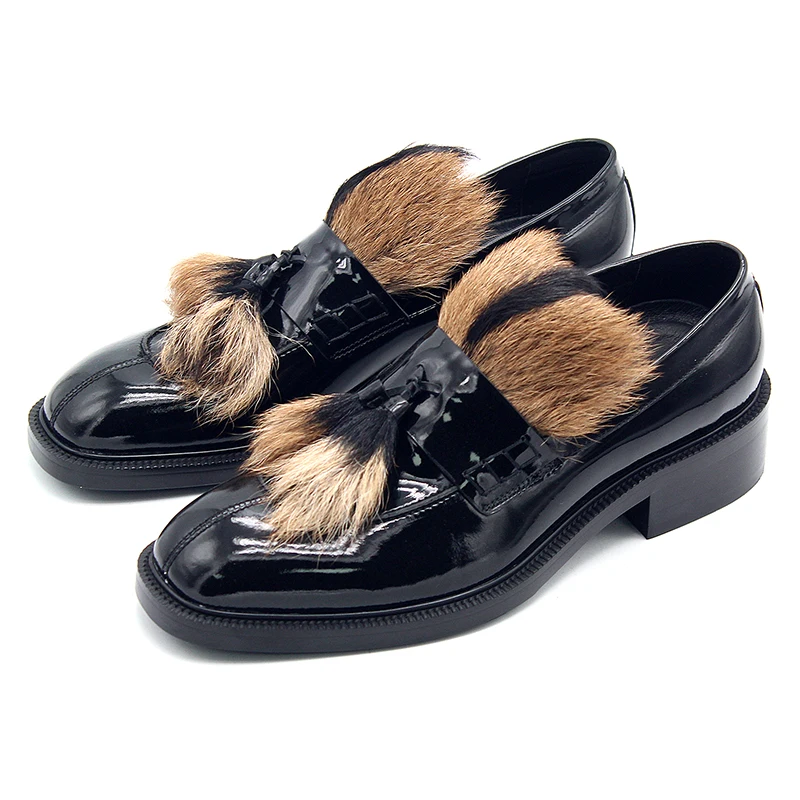 

Autumn and winter new fur bright leather cover feet high Slip-on shoe flat bottom formal dress banquet large men's leather shoes