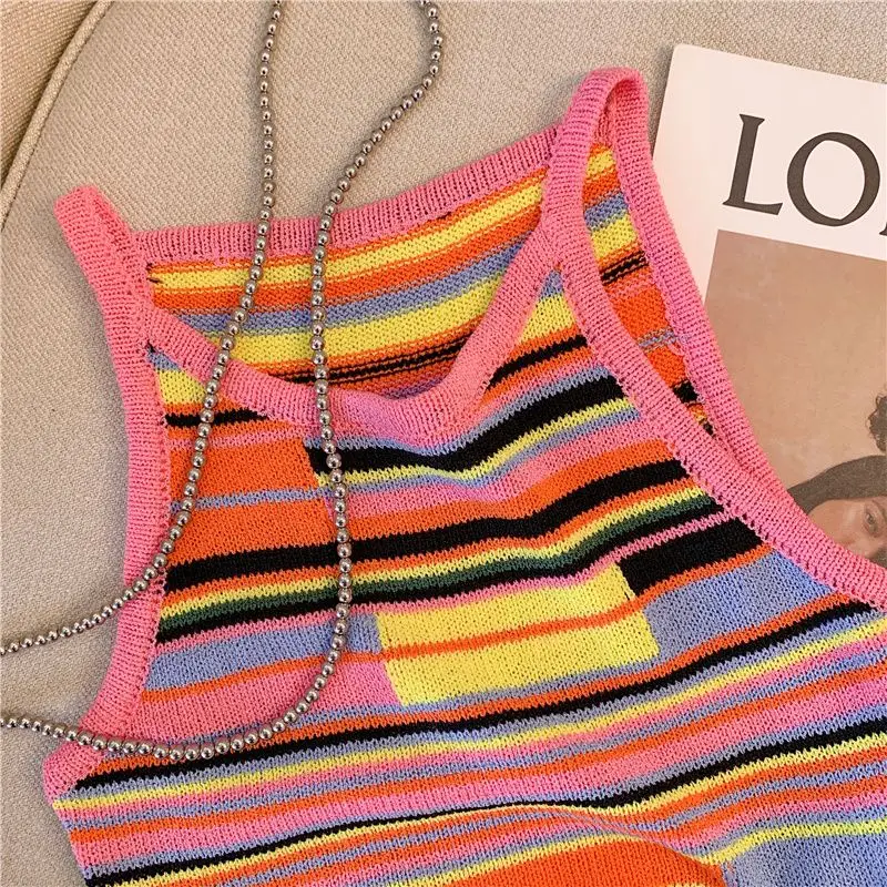 Rainbow Stripe Knit Camisole Small Tank Top Female Summer Hot Girl Sexy Chic Cropped Shirt Sleeveless Top