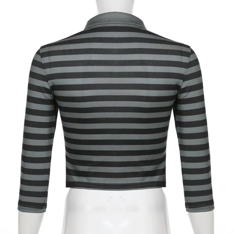 Goth Print Tops Stripe Cute Y2K T-Shirts Button Up V Neck Half Sleeve Sweat Shirts Tees