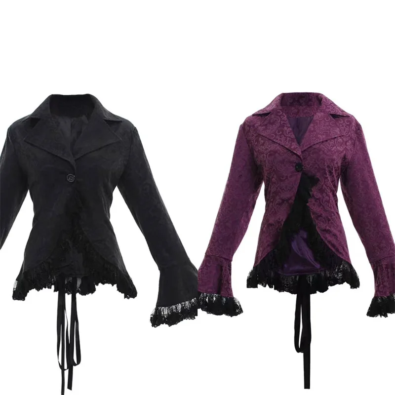 

Gothic Purple Black Vintage Steampunk Costume Lace Up Jacket Top Trumpet Sleeve Lapel Womens Victorian Coat