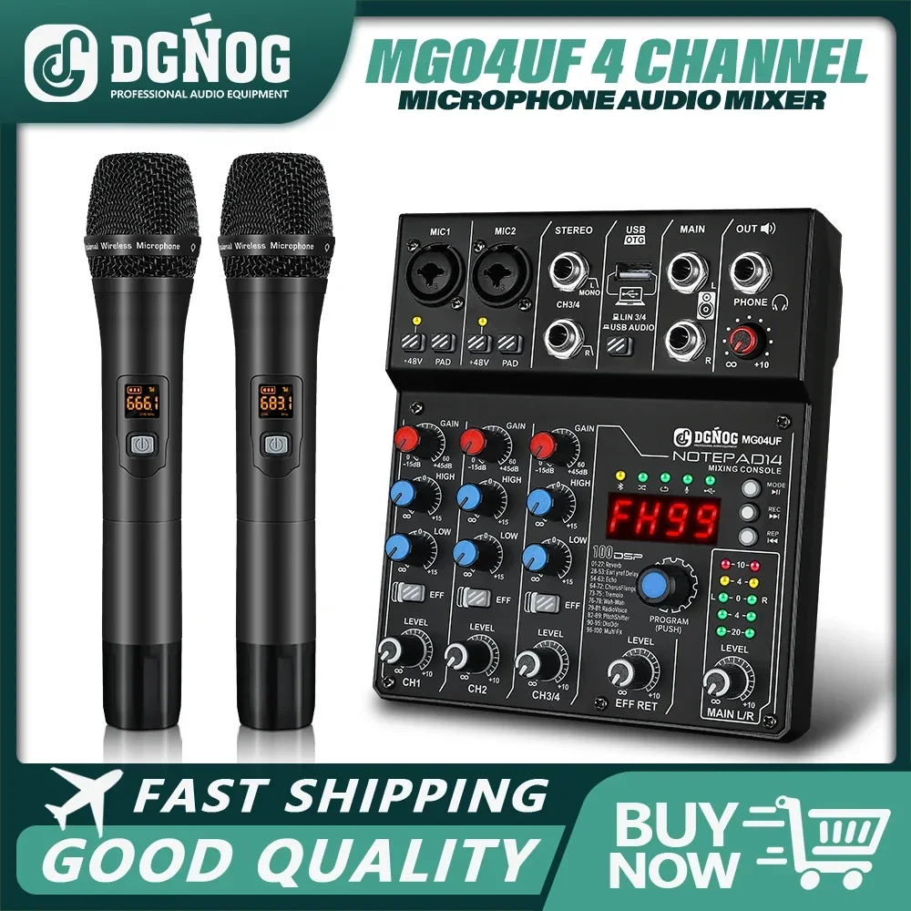 

4 Channel Audio Mixer with UHF Wireless Microphone USB/Bluetooth Function 99DSP Effect PC Recording DJ Console for Home Karaoke