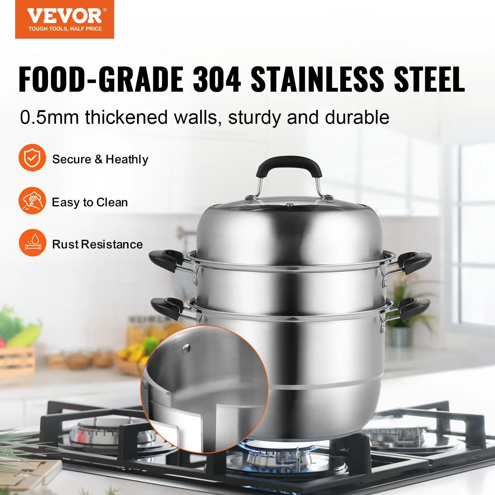 Steamer Pot 11in/28cm, 3 Tier Steamer Pot for Cooking with 8.5QT Stock Pot, Vegetable Steamer & 2 Steaming Tray, Food-Grade 304