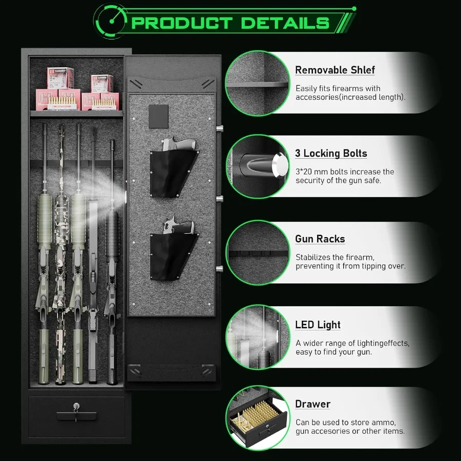 46-Waffentresor zur Aufbewahrung von Gewehren und Pistolen, schneller Zugriff, Gewehrtresor mit hintergrundbeleuchteter Tastatur, sicherer Waffenschrank mit Schublade a