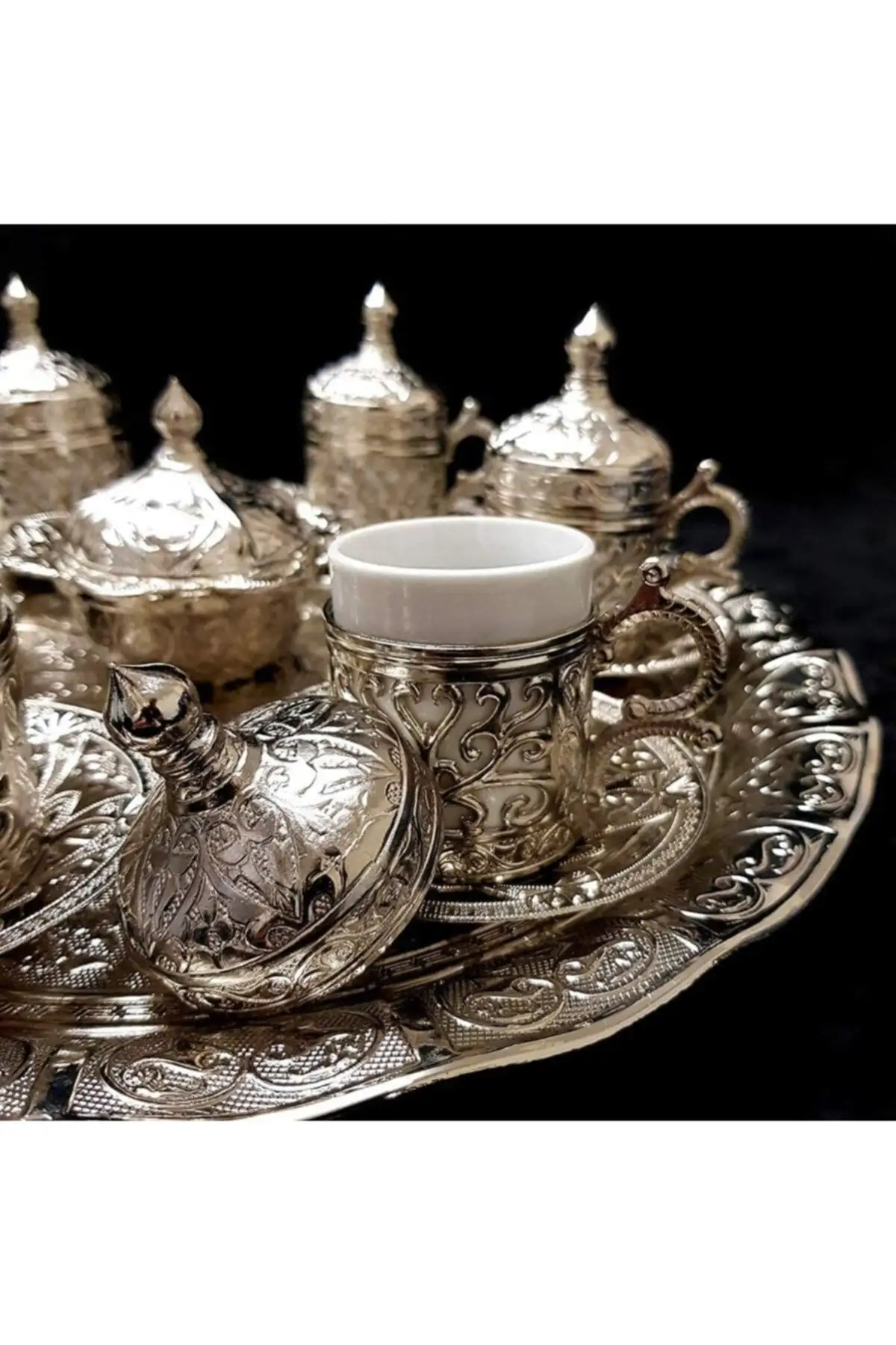 DOLBOVI 6 Personality Silver-Copper Ottoman Patterned Turkish coffee cup Pad-Tray Lokum cup Set handmade espresso cup