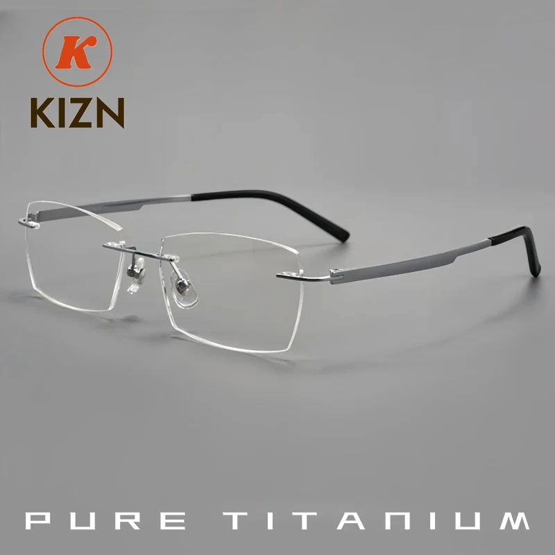 

KIZN Men's Light Luxury Business Rimless Glasses High Quality Ultra Light Fashion Pure Titanium Retro Square Eyeglasses 801