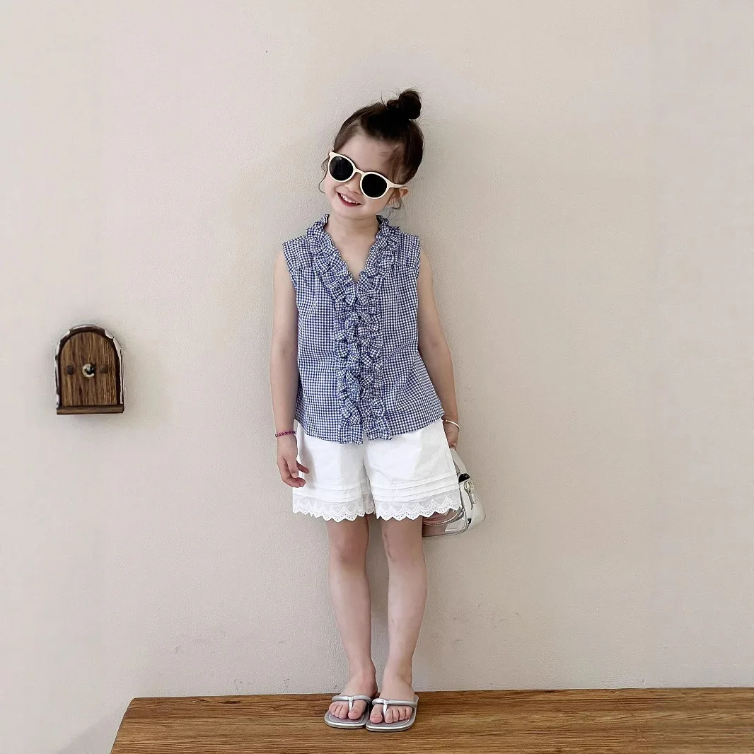 

Girls Suit 2025 Summer New Childrens Clothing Korean Style Girl Baby Plaids Sleeved Top Lace Shorts Two Sets Casual Simplicity