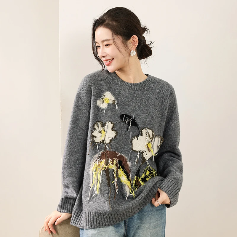 

Осень-зима 2025 года, новый свободный свитер из 100% чистой шерсти с круглым вырезом, повседневный женский жаккардовый свитер, вязаный хит продаж, топ