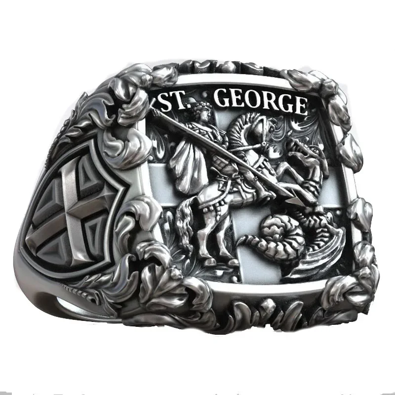 17g Saint George the Victorious Knight Cross Christian Signet For Mens Customized 925 Solid Sterling Silver Many Sizes Rings Sz