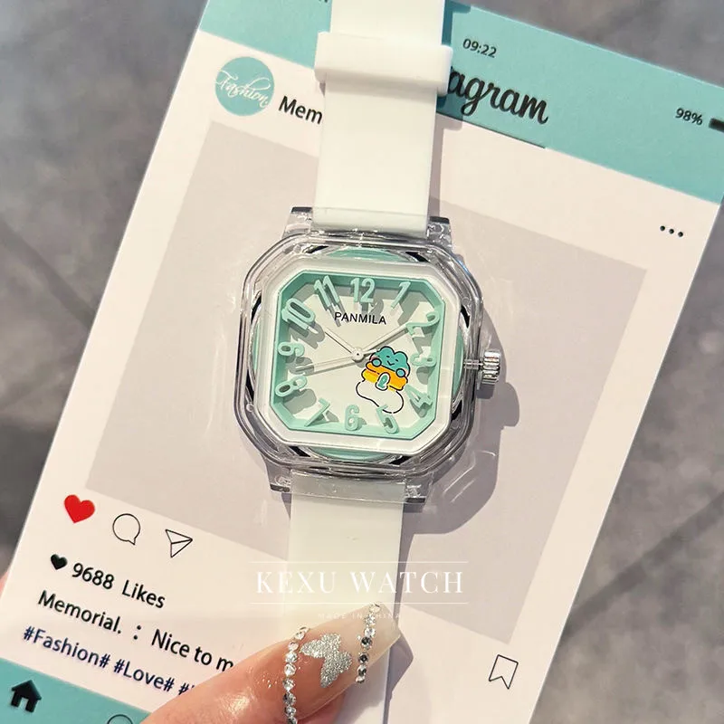 PANMILA watch Silicone Strap Clear Square Cartoon Number Dial Women's Watch