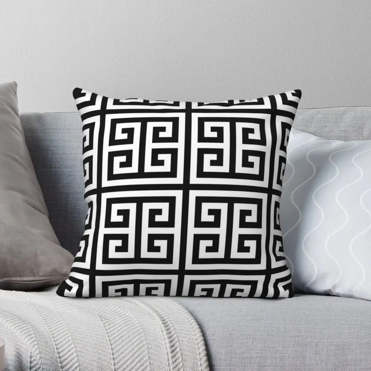 Greek Key Black And White Pillowcase Polyester Linen Velvet Printed Zip Decorative Pillow Case Bed Cushion Cover 45x45