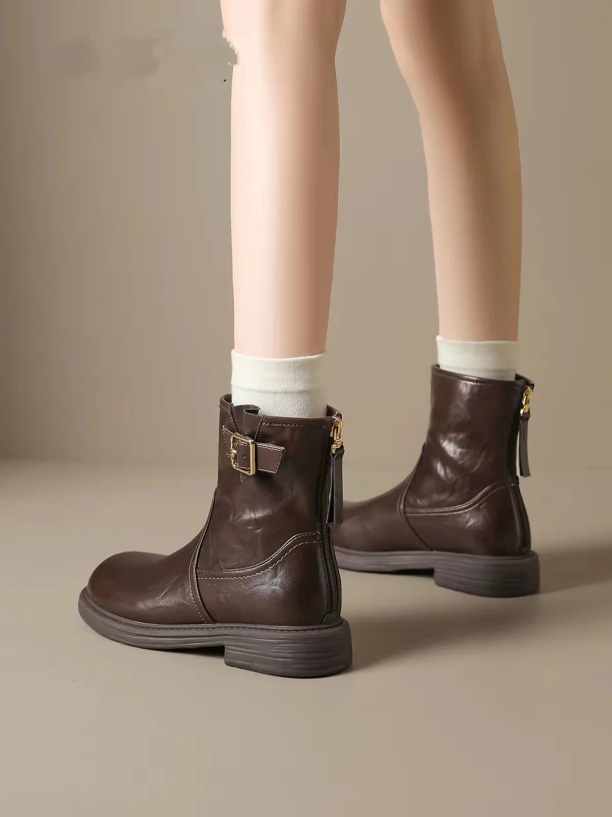 Damen Vintage Leder Stiefeletten Flache Ankle Boots Reißverschluss Hinten Schnalle Runde Spitze Bequeme Herbst Wanderschuhe Kurze Stiefel Weich Niedriger Absatz Retro Schnallenstiefel Freizeit – Detail 6