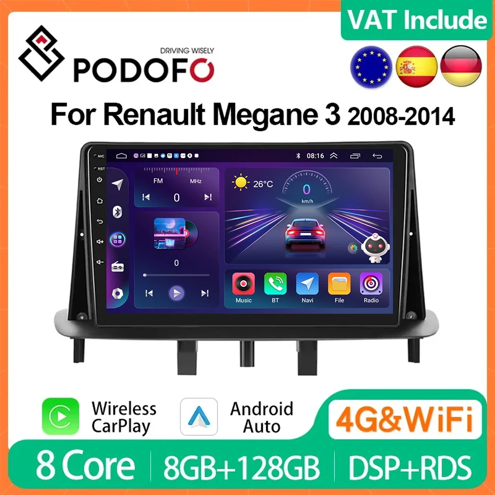 Podofo 8G+128G CarPlay For Renault Megane 3 Fluence 2 2008-2014 Android Car Radio 4G Multimedia Player 2din Head Unit DSP Stereo