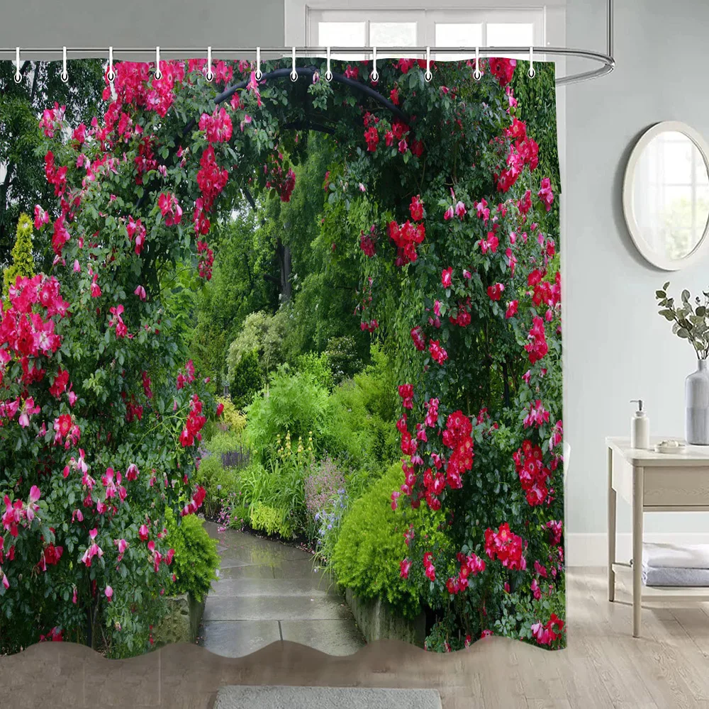 Garden Flowers Scenery Shower Curtains Natural Rustic Pink Floral Plant Modern Wall Hanging Polyester Bathroom Curtain Decor Set