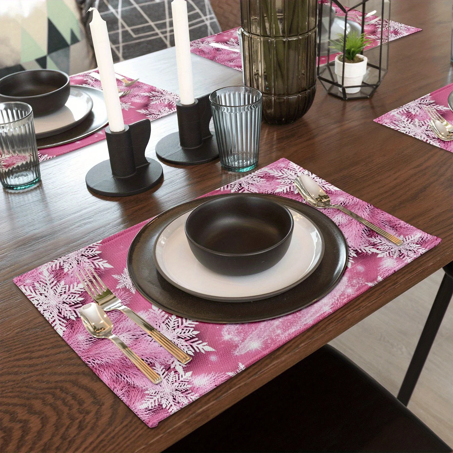 4pcs Christmas Tree Table Mats Placemats Pink Christmas Snowflake Placemats Merry Christmas Decoration Placemats