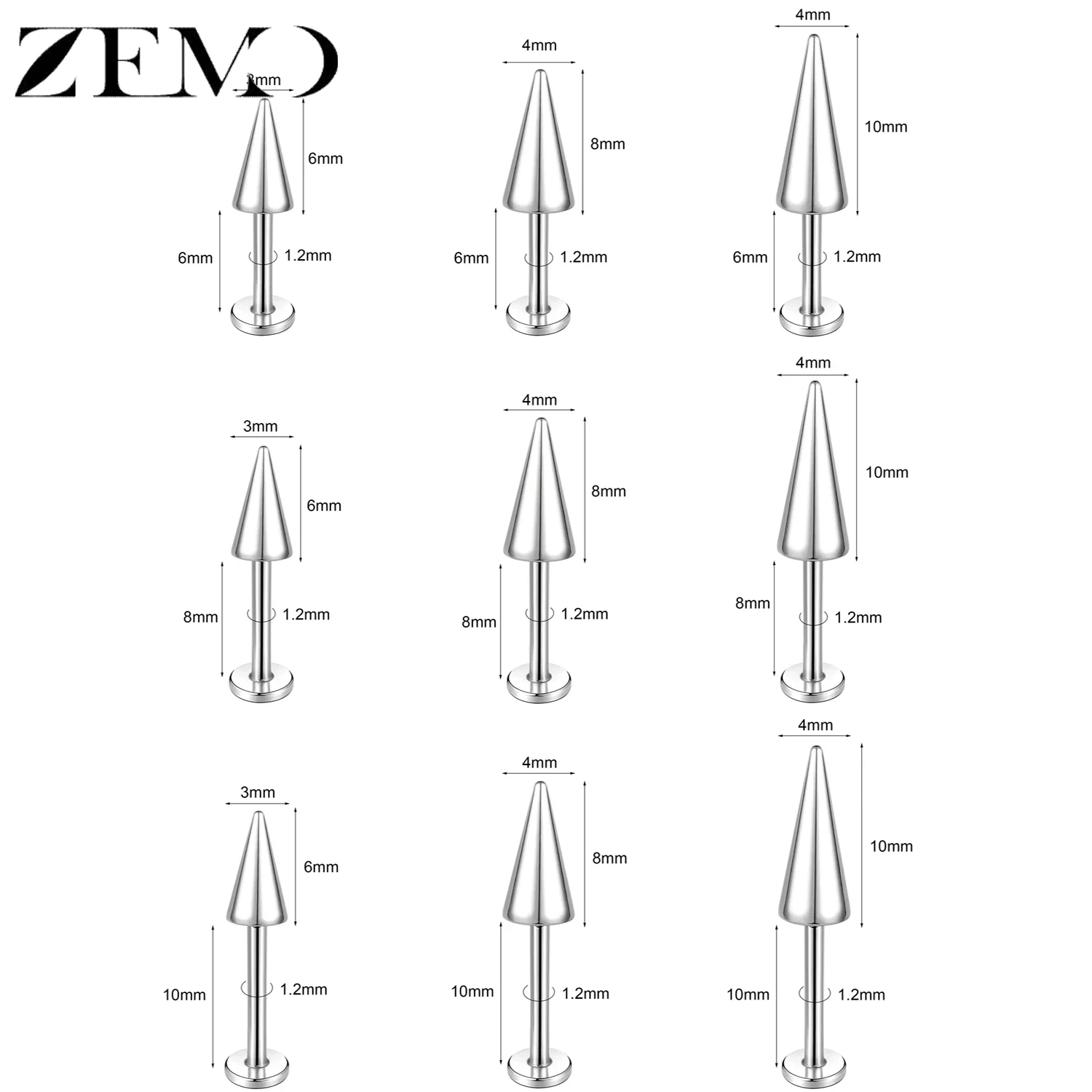 10PCS Stainless Steel Spike Labret Lip Piercing Set
