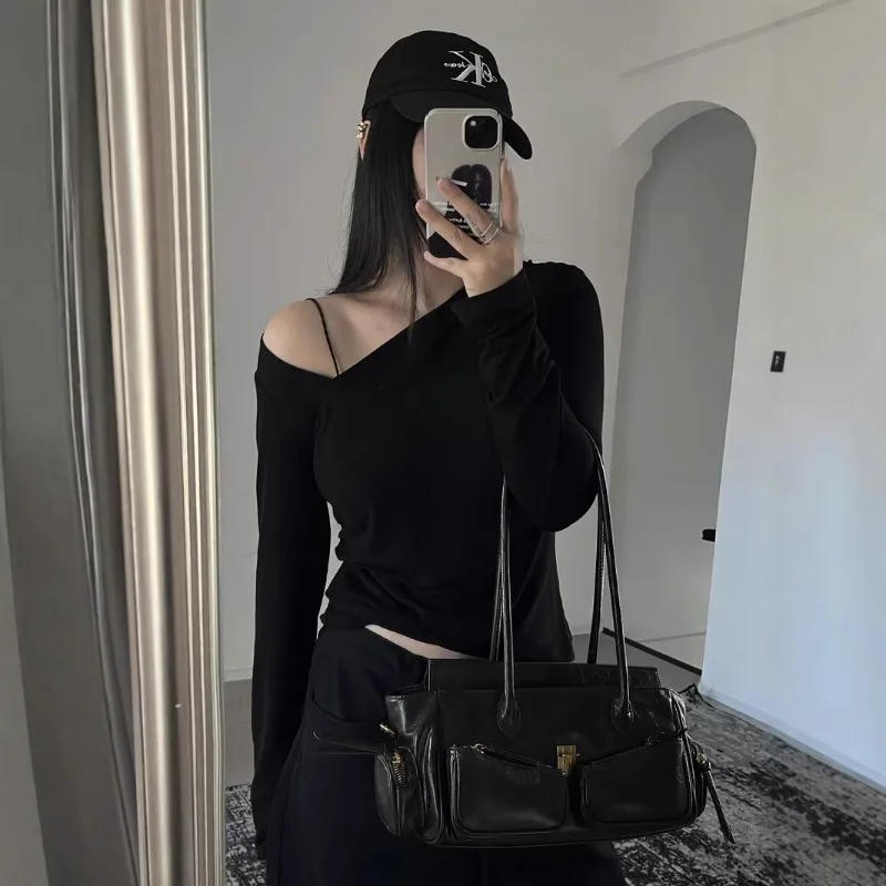 

New Slanted Shoulder T-shirt Asymmetrical Bottoming Shirt Wool Blouse Slim-fitting Pleated Long-sleeved Top