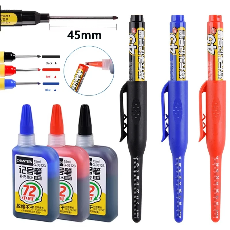 

45mm Waterproof Deep Hole Marker Pens Long Nib Head Carpenter Marking Pen Black/Blue/Red Ink for Multi-Purpose Woodworking Tools