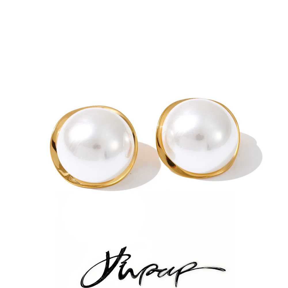 Yhpup-pendientes redondos de perlas de imitación lisas para mujer, aretes de acero inoxidable, joyería Popular impermeable para uso diario, regalo de Gala, 20x20cm