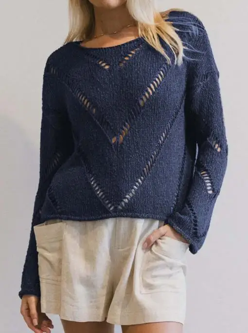 

Solid Color Lazy Style Hollow Thin Knitted Women's Sweater Autumn Round Neck Solid Color Slim Fit Hollow Knitted Women's Top