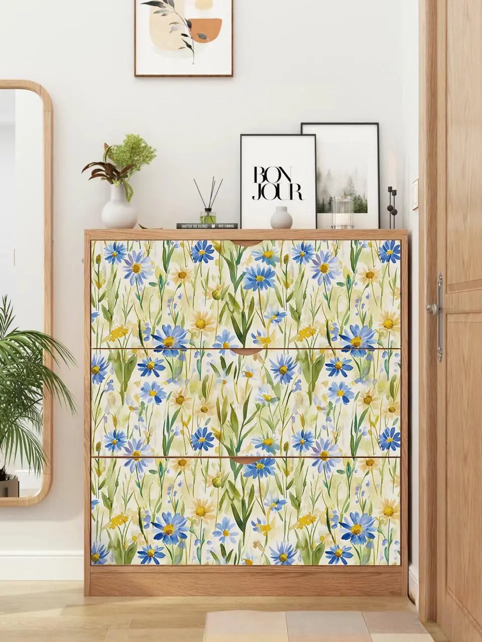 Blue Cornflower Floral Peel and Stick Wallpaper Rustic Leaf Self Adhesive Wallpaper Removable Contact Paper for Cabinets Decor