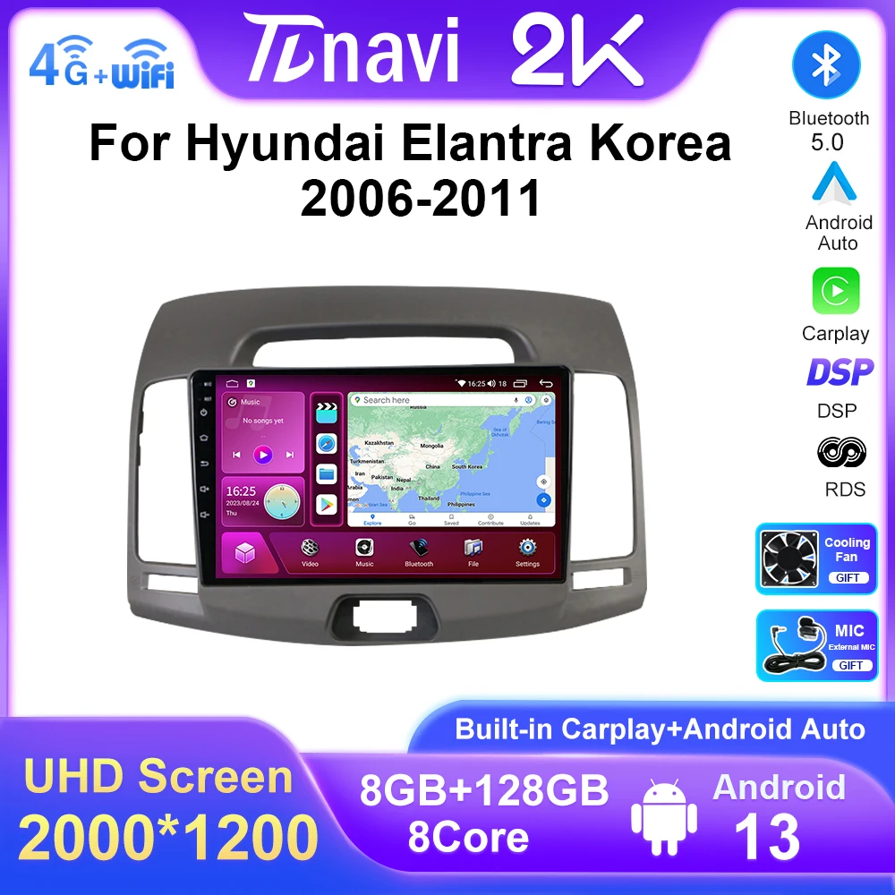 

2000*1200 128G Android 13 for Hyundai Elantra Avante 2006 - 2012 Car Radio Multimedia Video Player Navigation GPS Auto Carplay